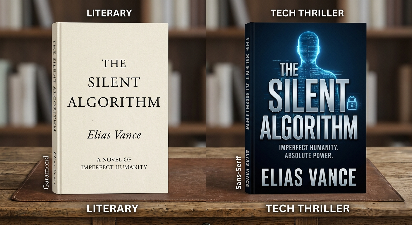 Comparison of two book covers with the same title: one using Serif Garamond for a literary look and one using bold Sans-Serif for a tech thriller feel.