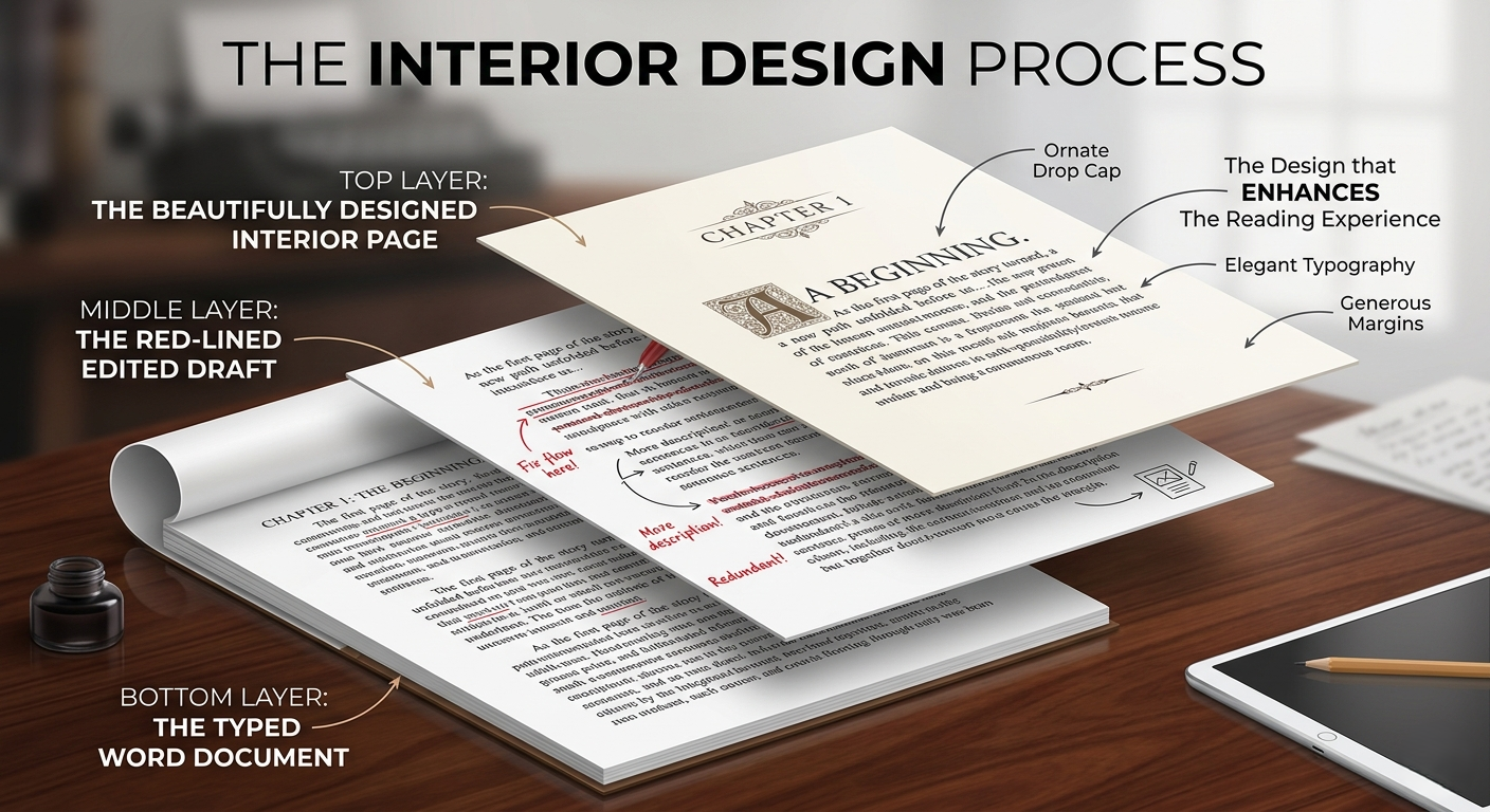 A layered graphic showing a Word document, a red-lined edited draft, and a finished book interior with a drop cap and elegant margins.