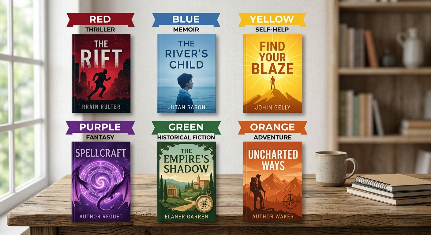 A 3x2 grid of book covers illustrating color psychology: Red for Thrillers, Blue for Memoirs, and Yellow for Self-Help.