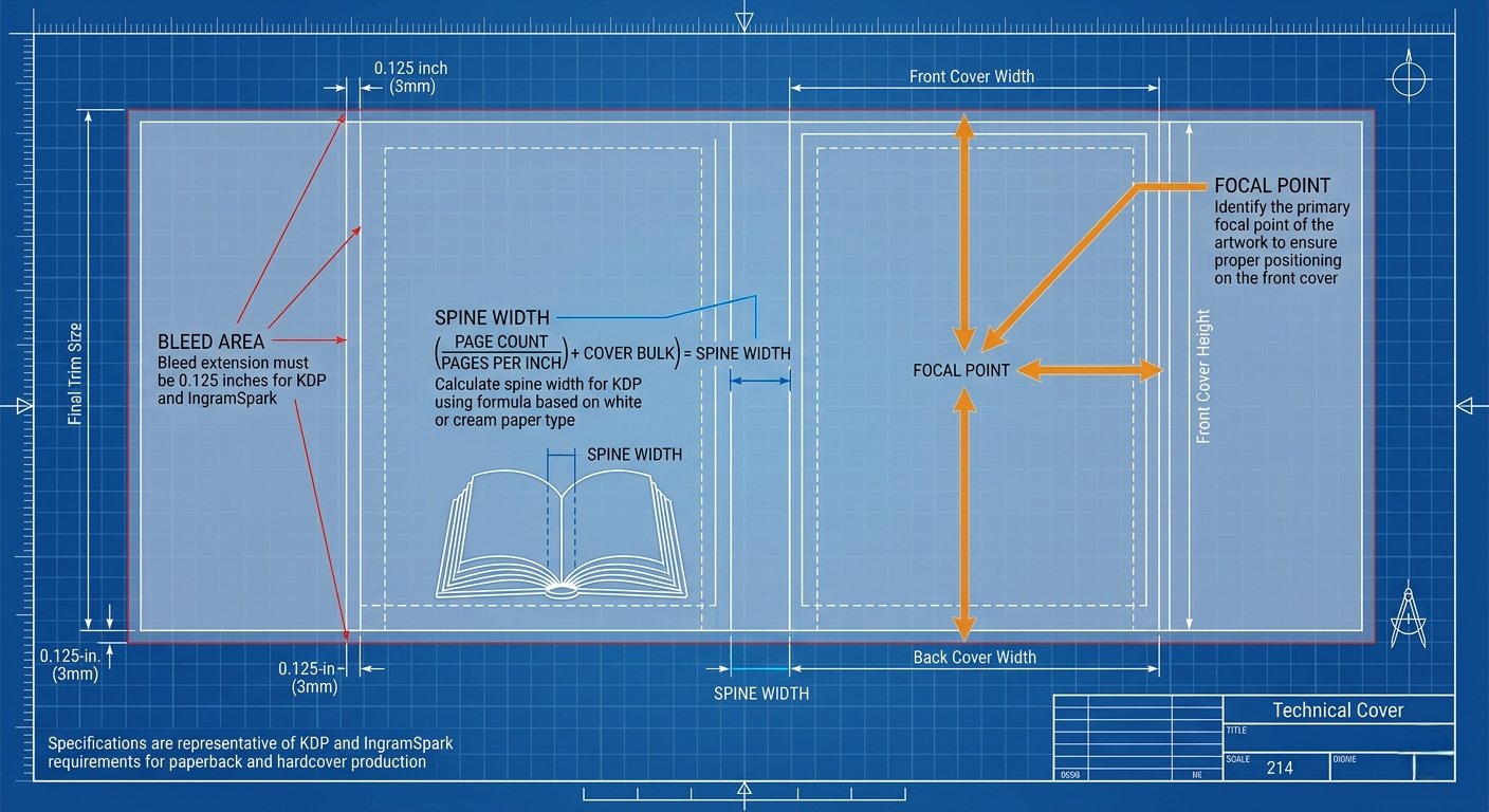 A technical blueprint of a book cover showing bleed areas, spine width calculations, and focal points for KDP and IngramSpark.