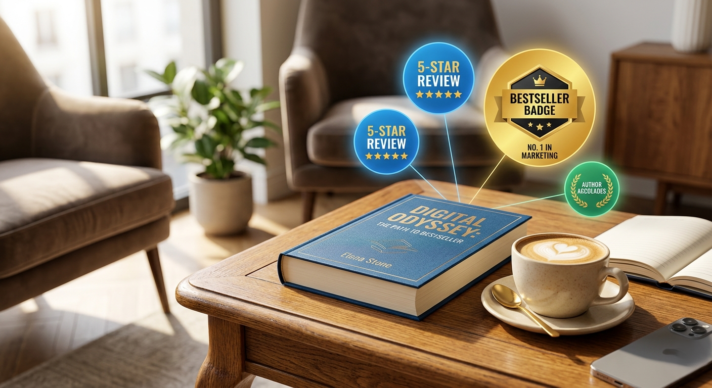 A physical book and coffee mockup with digital notification bubbles for 5-star reviews and an Amazon Bestseller badge.