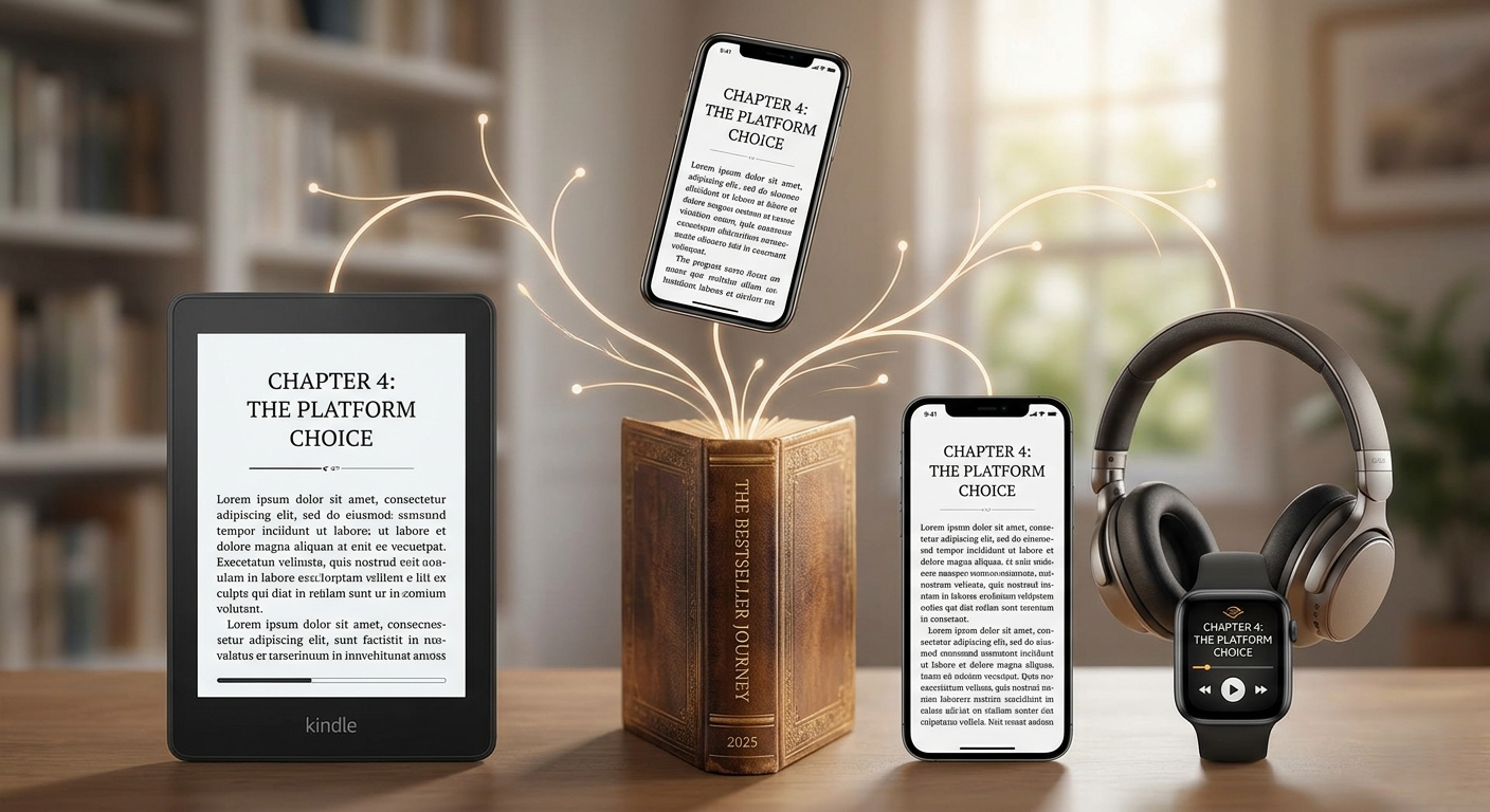 A 3D render of a book spine branching into a Kindle, iPhone, and tablet, showing consistent chapter formatting across all devices.