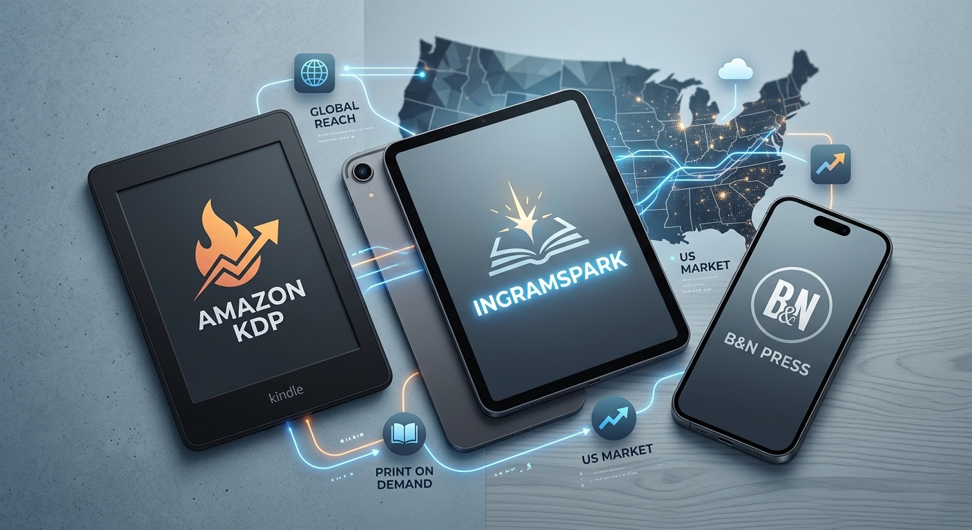 Digital devices showing Amazon KDP, IngramSpark, and B&N Press for book distribution in the USA.