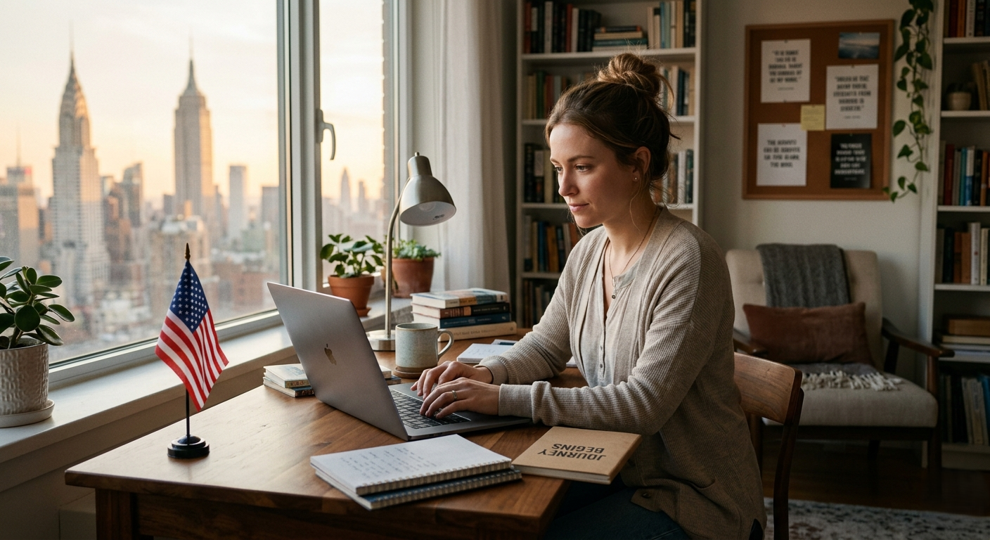 A professional author working on a manuscript for a book to be published in America.