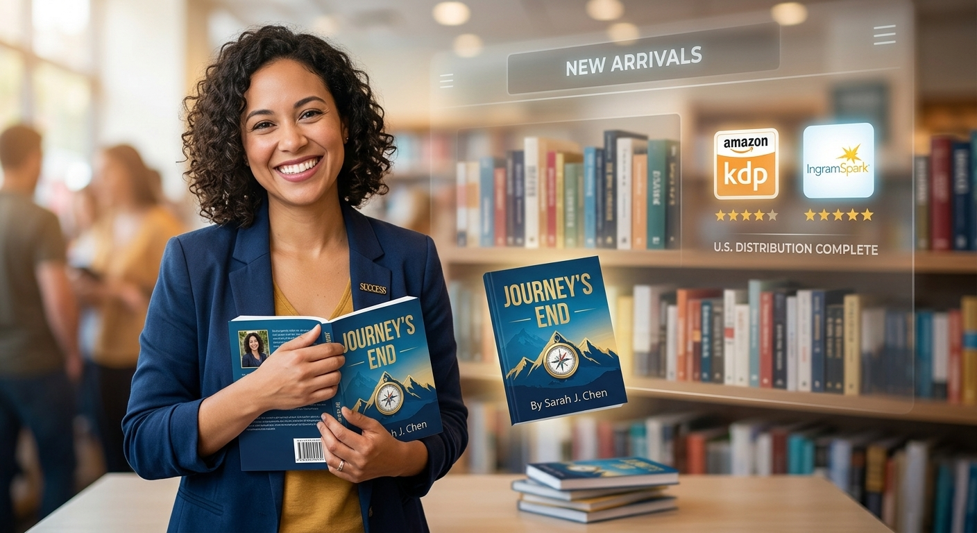 A successful published author holding a physical copy of their book in the US market.