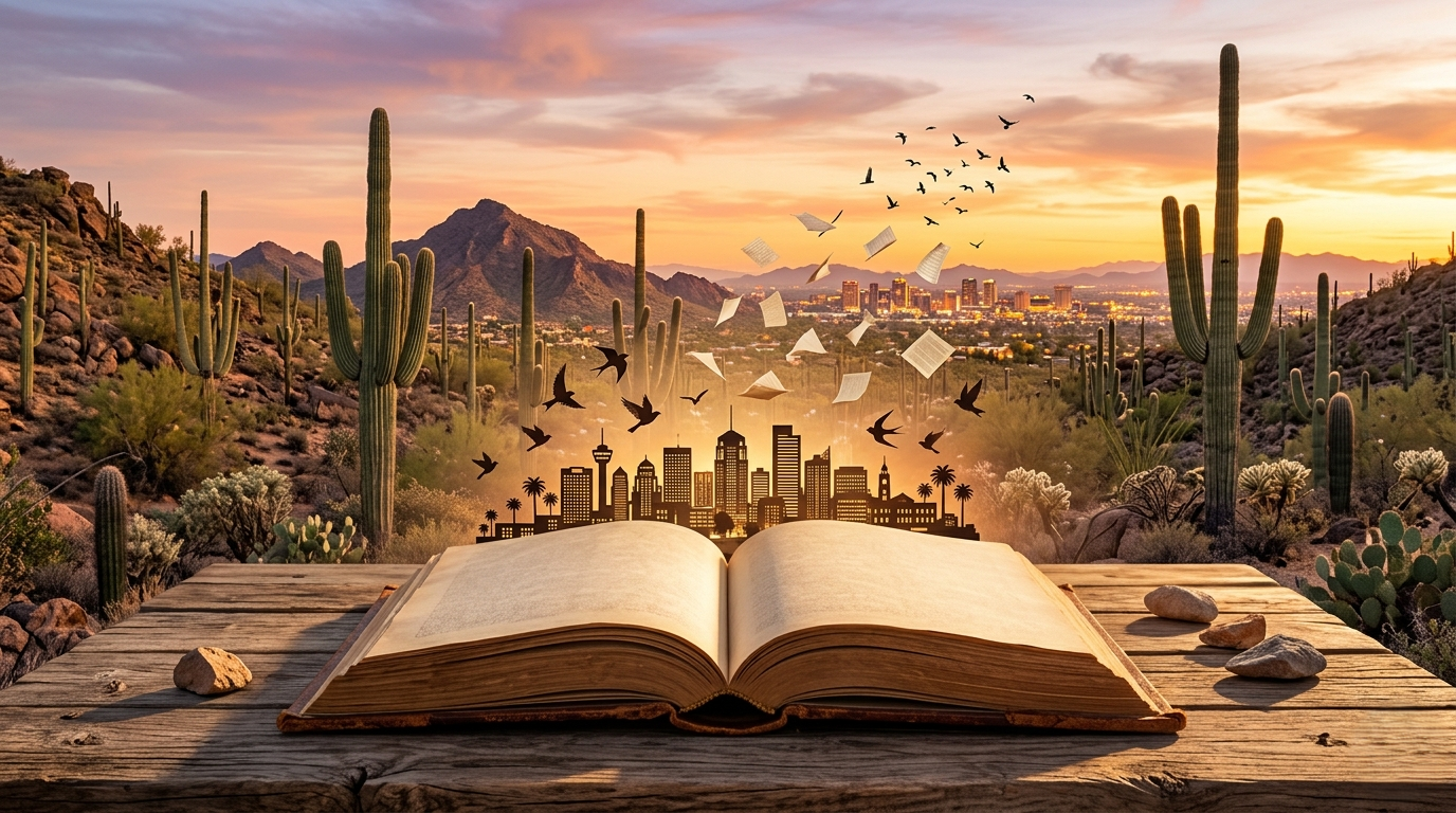 A surreal image of an open book with the Phoenix and Tucson skyline emerging from its pages, set against an Arizona desert sunset. It represents the fusion of literature and the beautiful Arizona landscape, illustrating book publishing in the region.