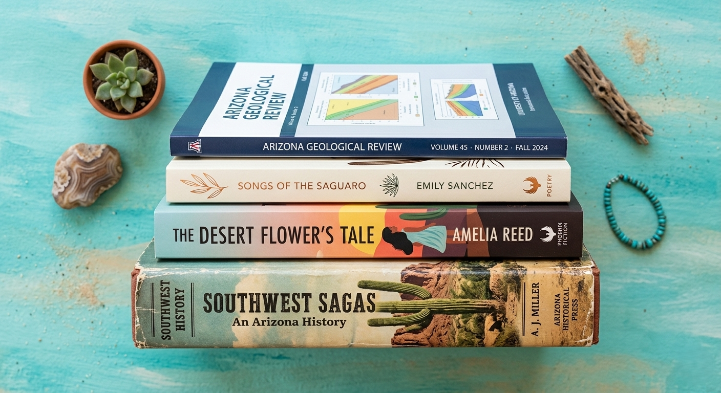 A top-down, curated flat lay photograph of a stack of books with diverse spine designs representing different genres like Fiction, Southwest History, Poetry, and an Academic journal, surrounded by desert elements like a succulent and decorative stones.