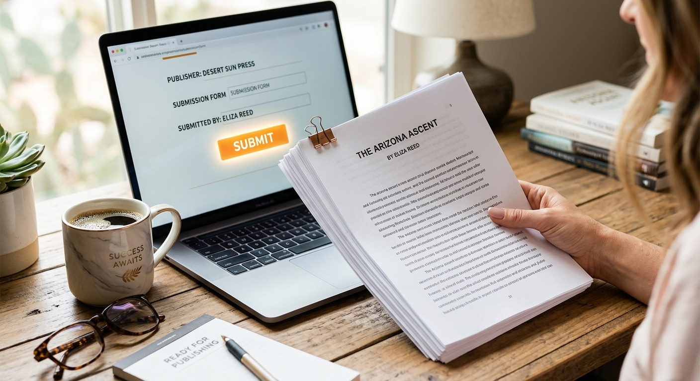 A close-up photograph of a clean, organized workspace, showing a woman's hand holding a professional manuscript with a glowing 'Submit' button visible on a nearby laptop screen, alongside a cup of coffee and glasses, representing success in manuscript submission.