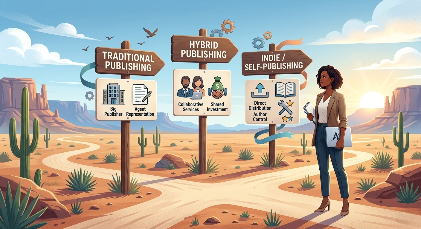 An infographic-style signpost in an Arizona desert setting with three distinct arms labeled: 'Traditional,' 'Hybrid,' and 'Indie/Self-Publishing,' showing a woman looking toward the horizon, representing choices for authors.