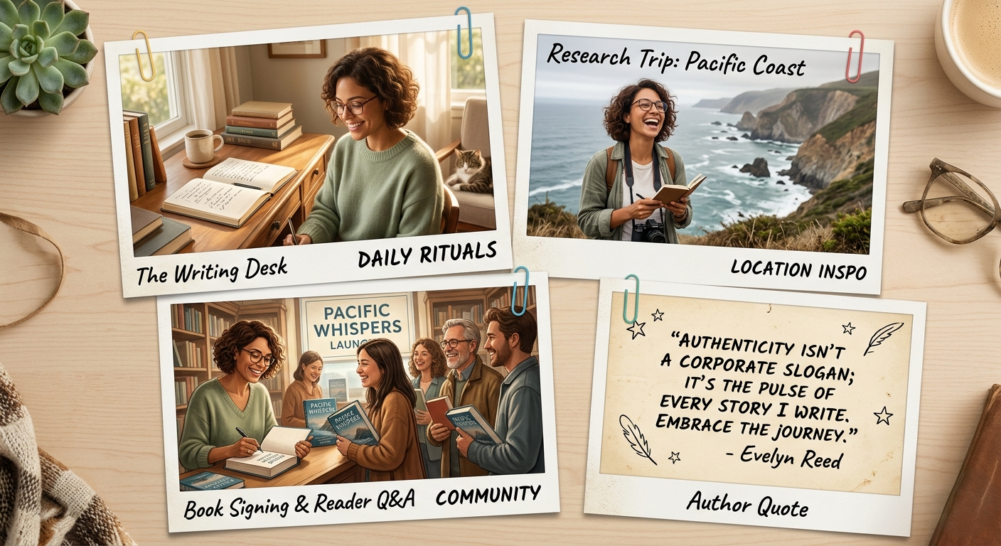 A Polaroid-style collage of a writing desk, book signing, and research trip to humanize an author brand.
