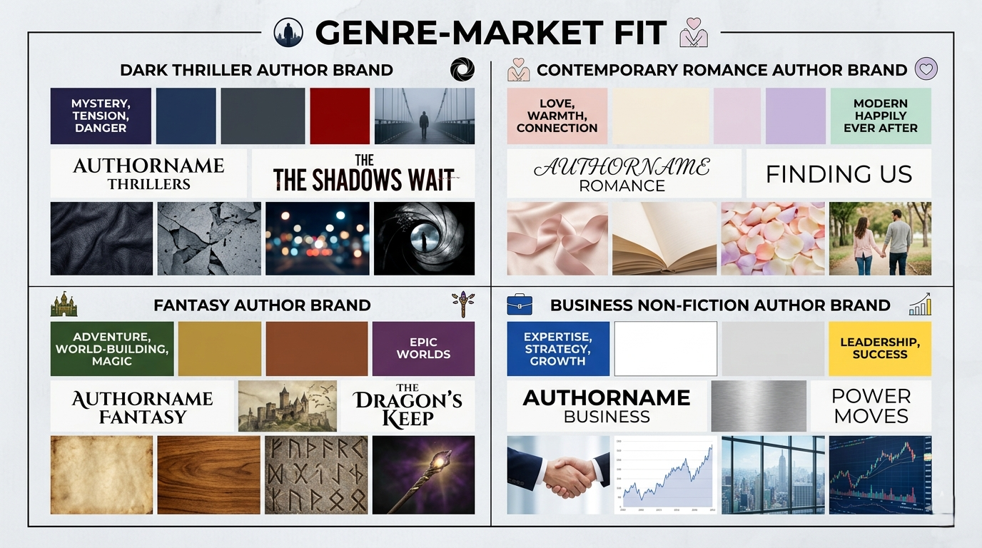 A 2x2 grid comparing branding styles for Dark Thriller, Romance, Fantasy, and Business Non-Fiction