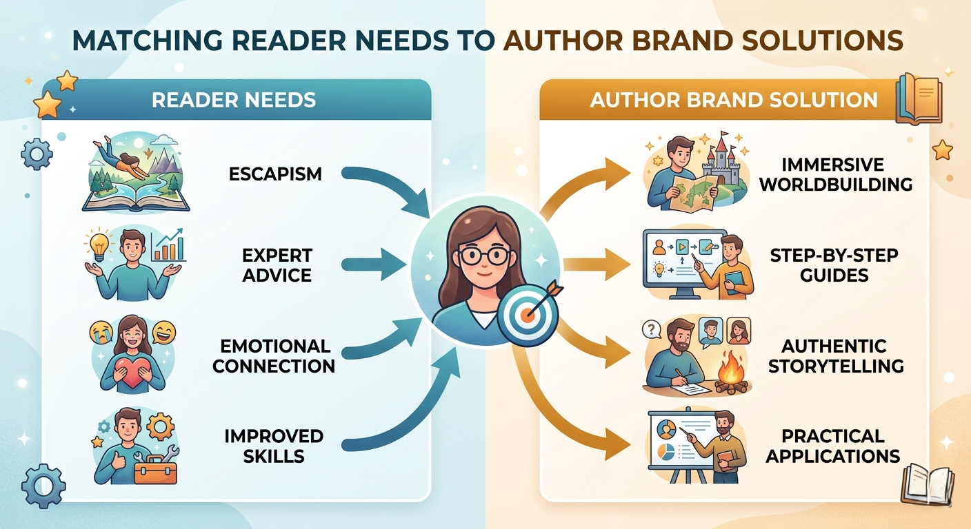 A target-style diagram mapping reader needs like "Escapism" to author brand solutions