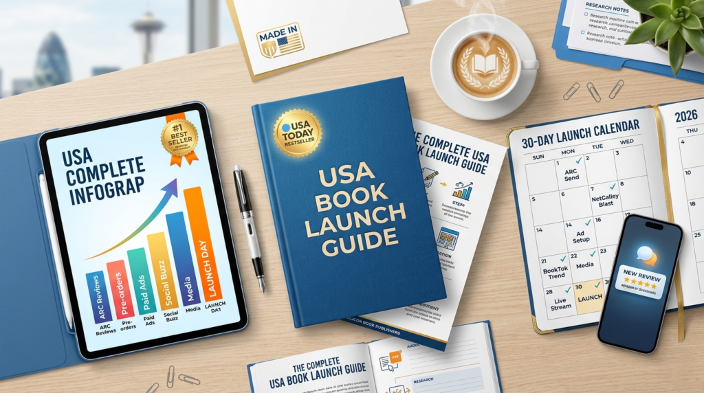 Professional author workspace with a 30-day book launch strategy calendar, Amazon bestseller chart, and a physical book titled Book Launch Strategies USA.