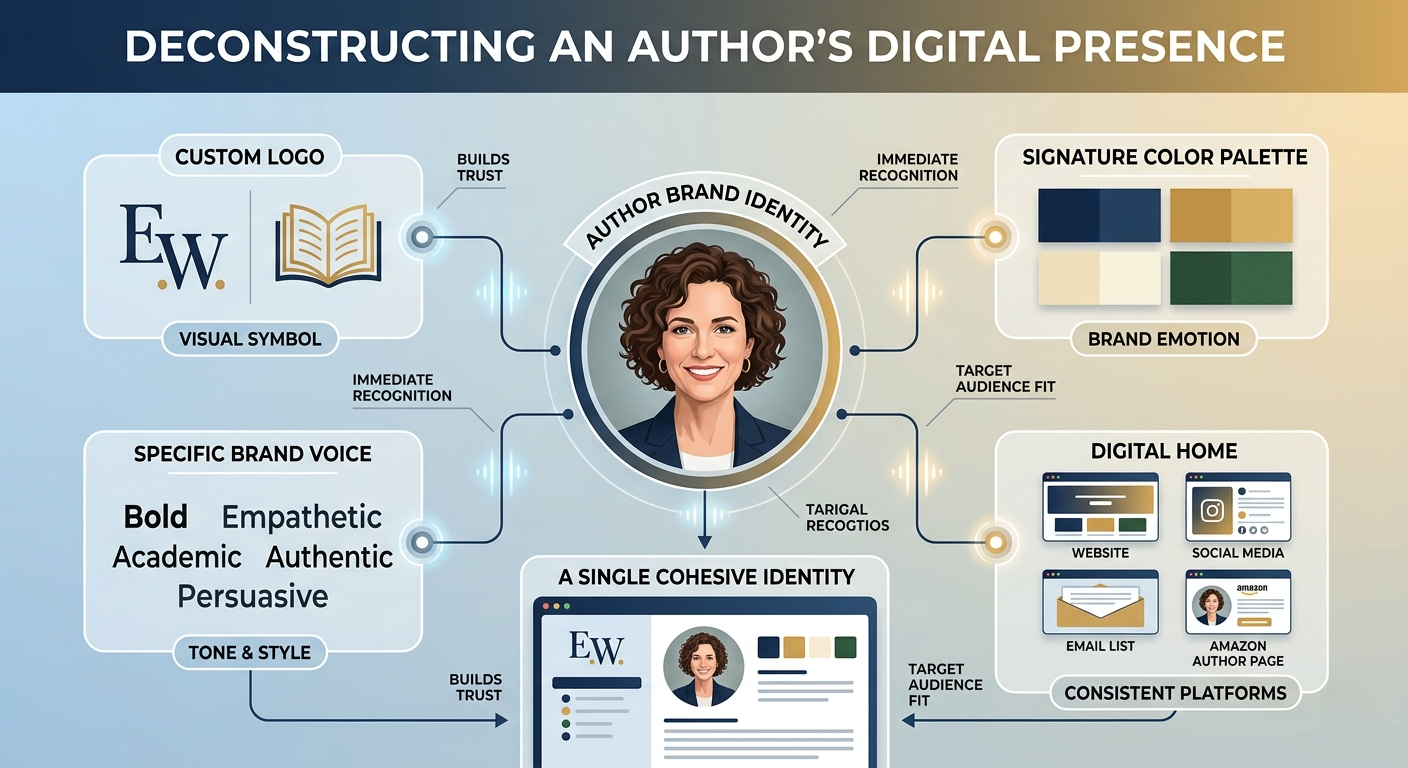 Infographic deconstructing an author's digital presence into logo, color palette, and brand voice.