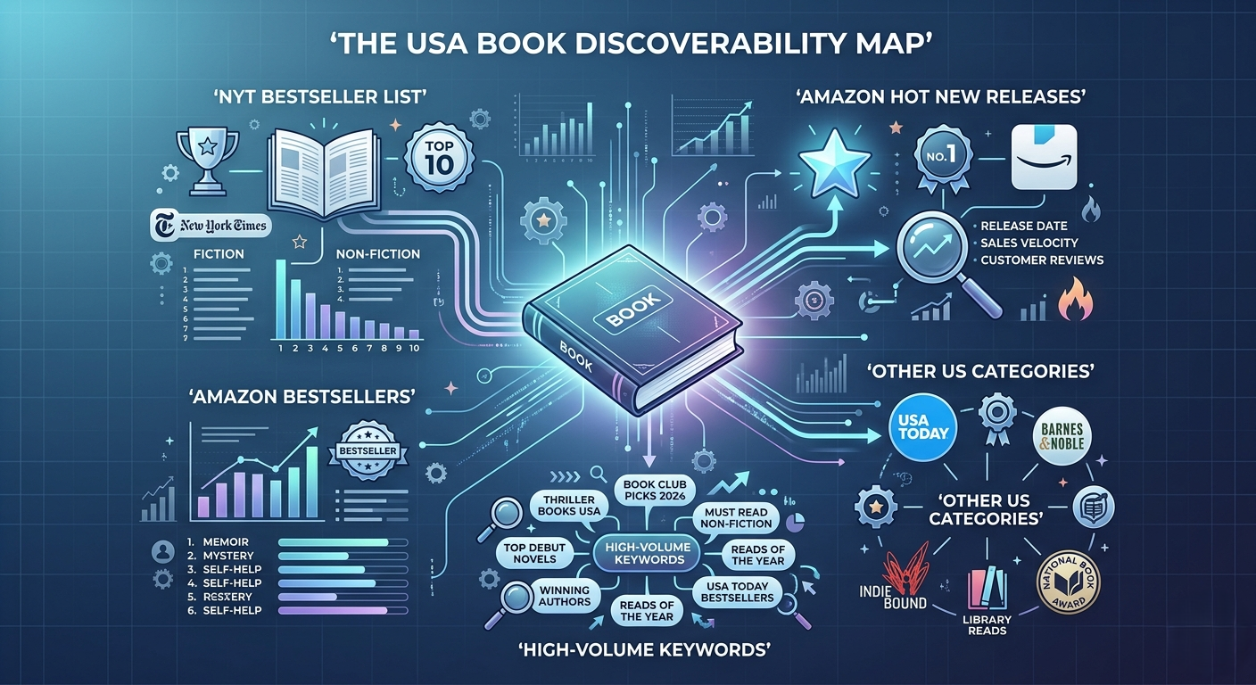 An infographic mapping a book to high-volume Amazon KDP keywords and competitive US bestseller categories.