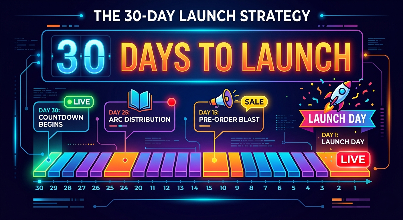A professional 30-day book launch calendar for US authors featuring milestones like pre-orders, ARC distribution, and launch day.