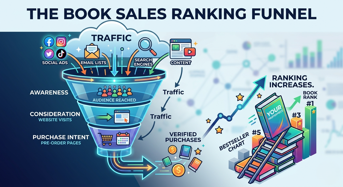 A marketing funnel graphic showing traffic from social ads and email lists converting into verified book purchases and higher rankings.