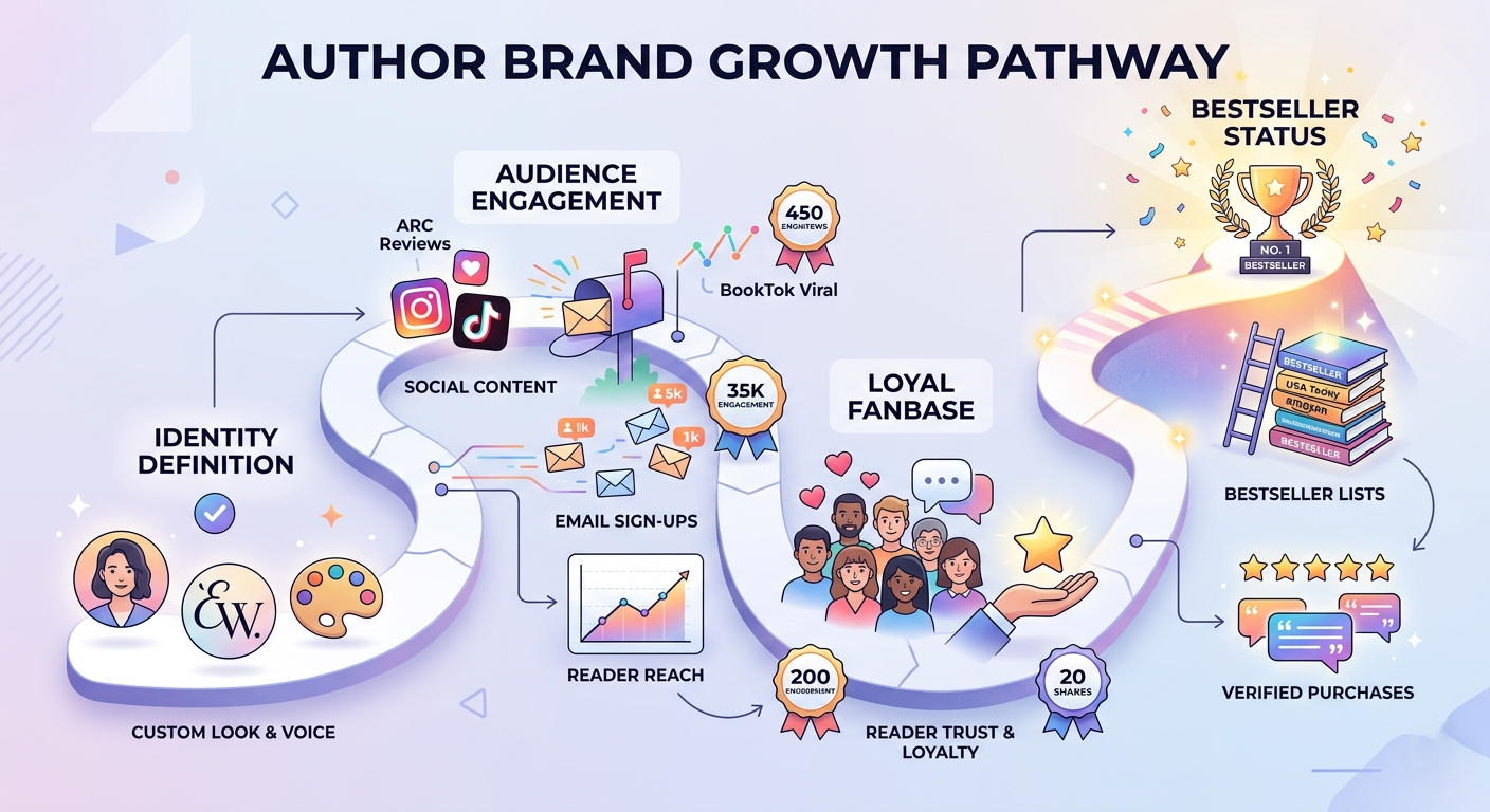 A winding roadmap showing the journey from identity definition to audience engagement and bestseller status.