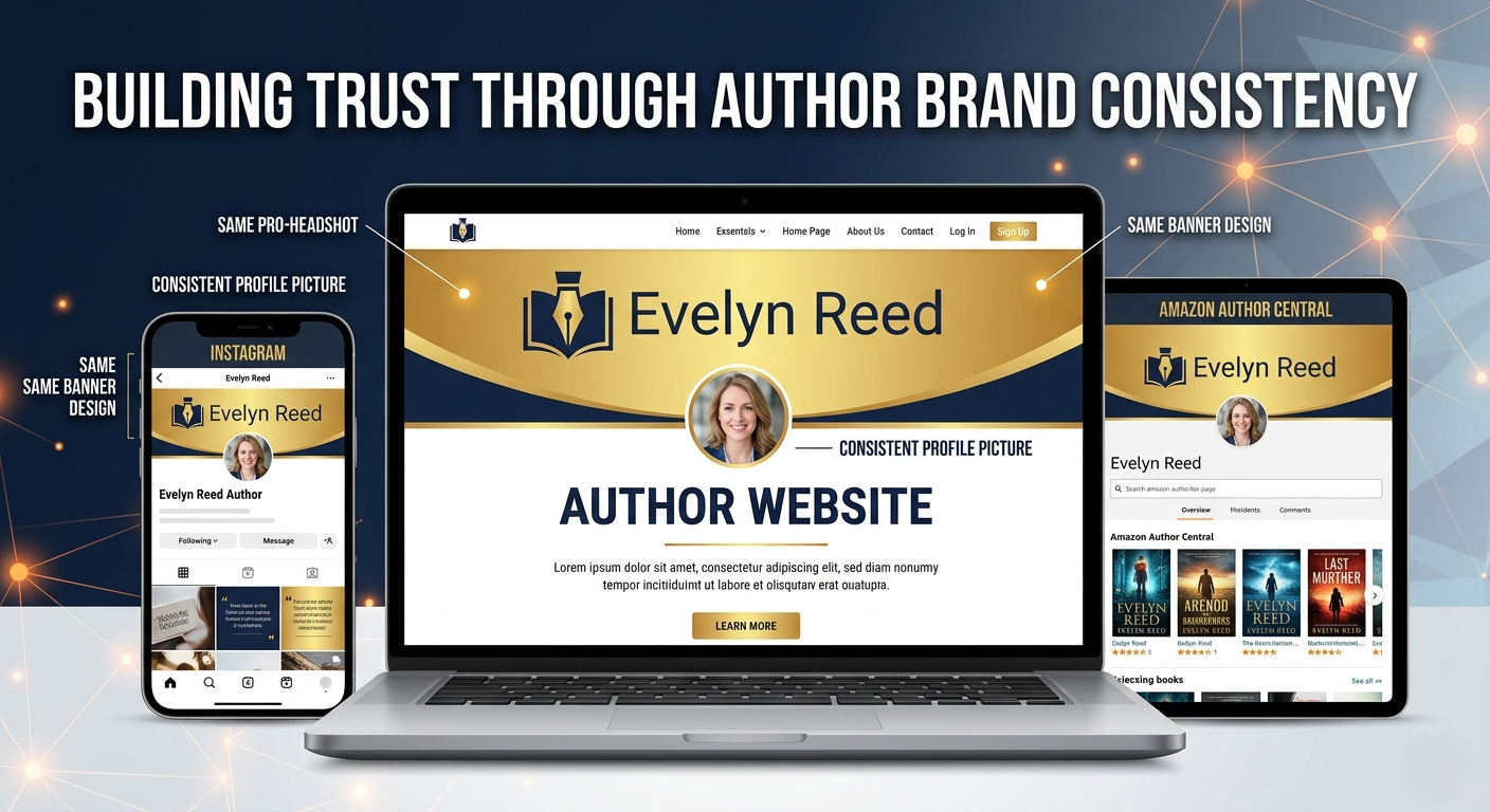 A mockup showing a consistent author brand across a smartphone, tablet, and laptop screen.