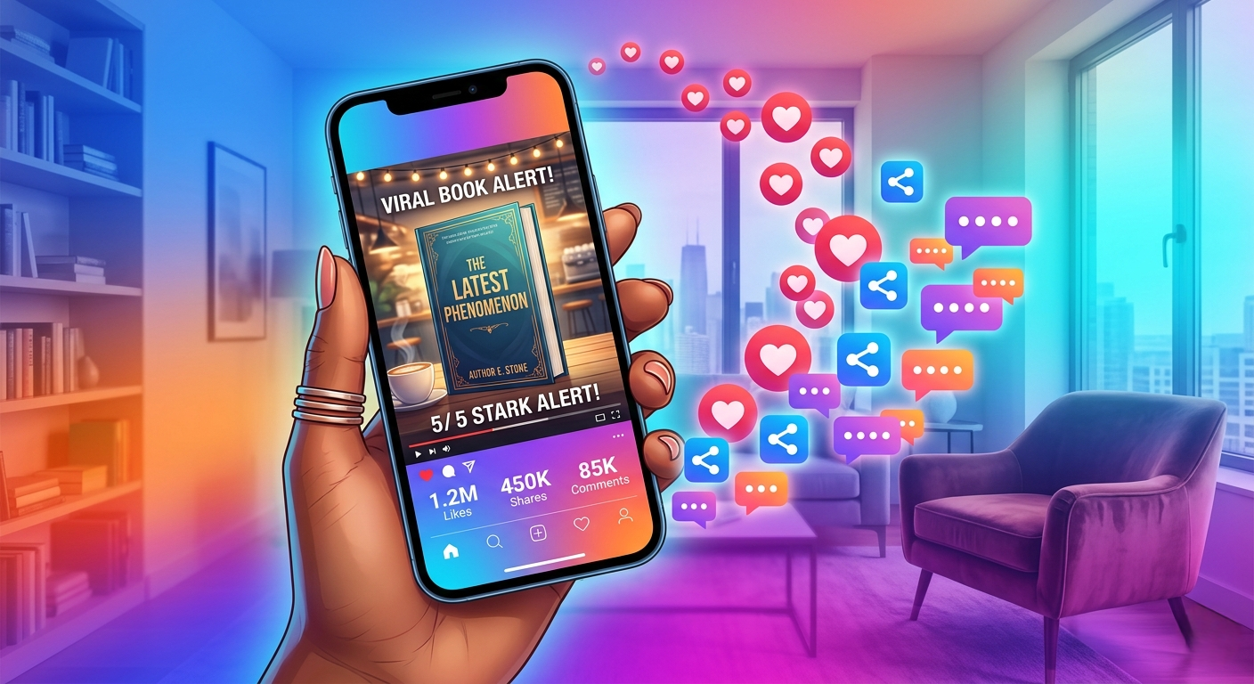 Smartphone screen showing an aesthetic BookTok video with engagement icons like hearts and shares for a new book release.