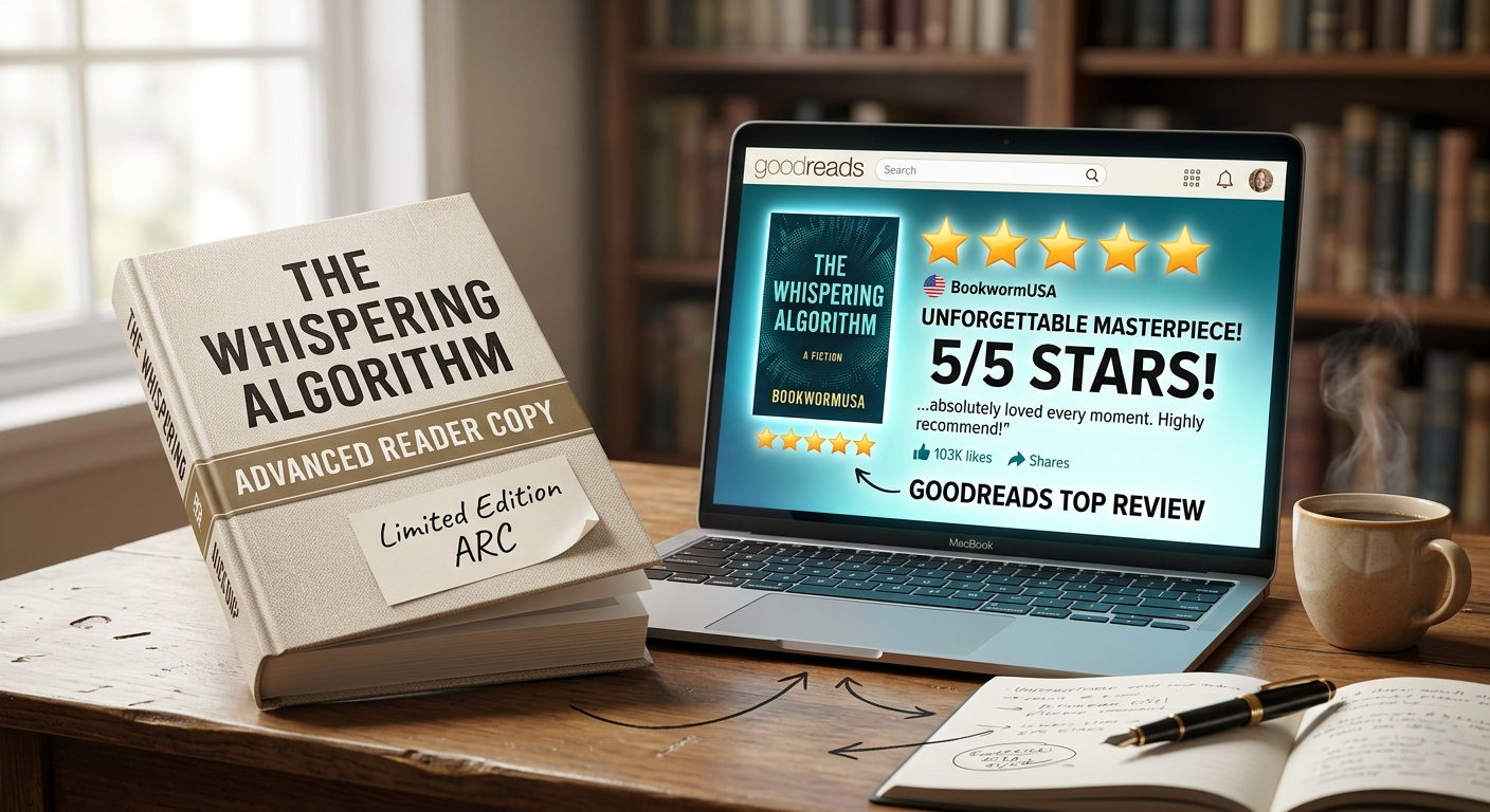 A physical ARC book next to a laptop displaying 5-star Amazon and Goodreads reviews.
