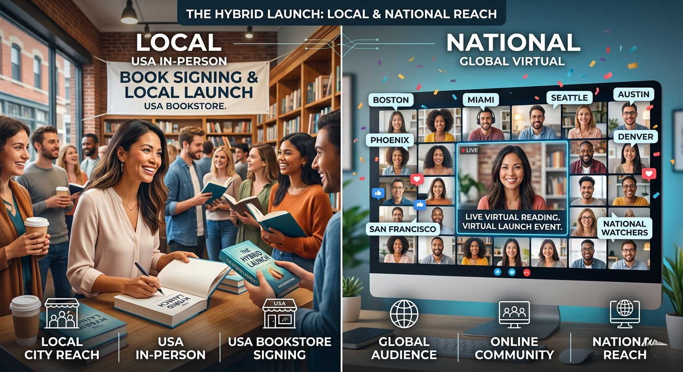 Split screen showing a physical bookstore signing in a US city and a simultaneous virtual book launch on Zoom.
